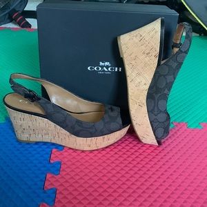 Coach Ferry Signature gray jacquard slingback cork wedges.  Gently Used